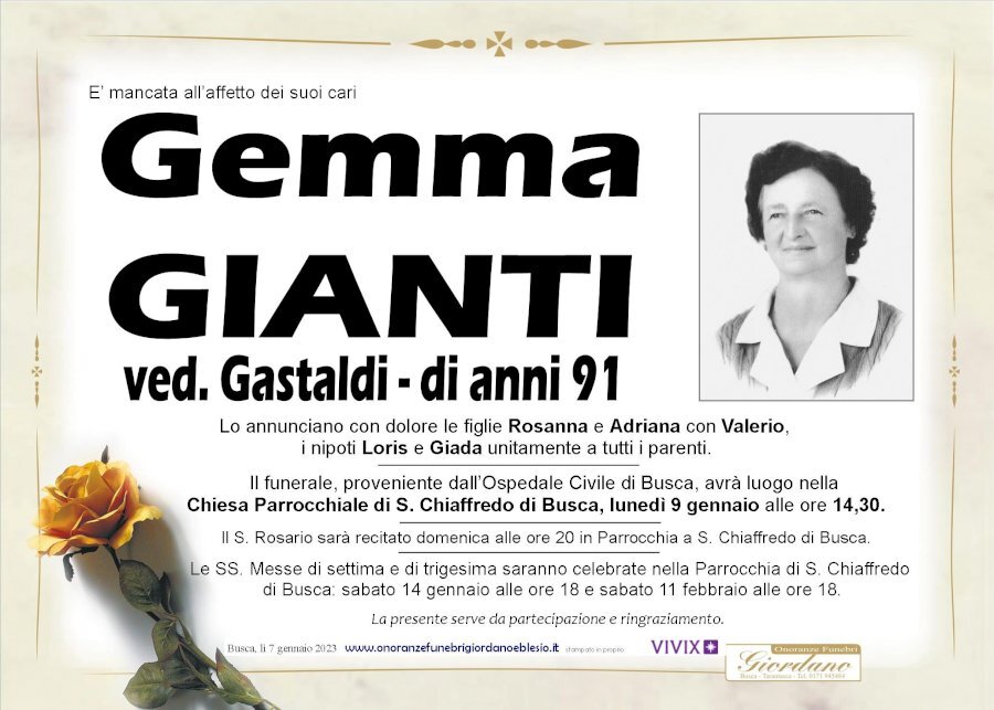Manifesto di GEMMA GIANTI ved. GASTALDI