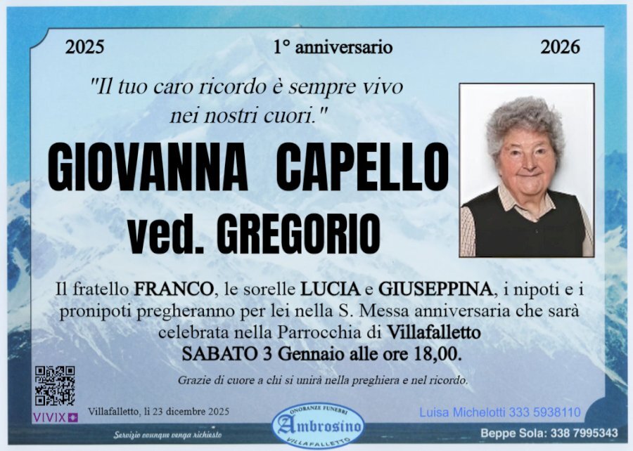 Manifesto di GIOVANNA CAPELLO ved. GREGORIO
