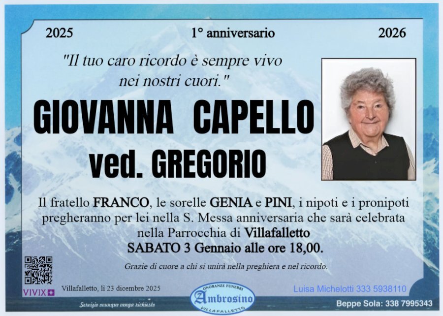 Manifesto di GIOVANNA CAPELLO ved. GREGORIO