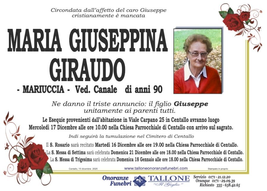 Manifesto di MARIA GIUSEPPINA GIRAUDO "MARIUCCIA" ved. CANALE