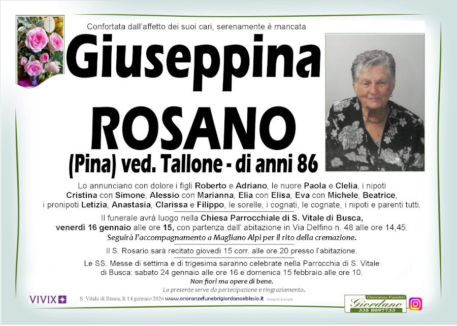 Manifesto di GIUSEPPINA ROSANO "PINA" ved. TALLONE