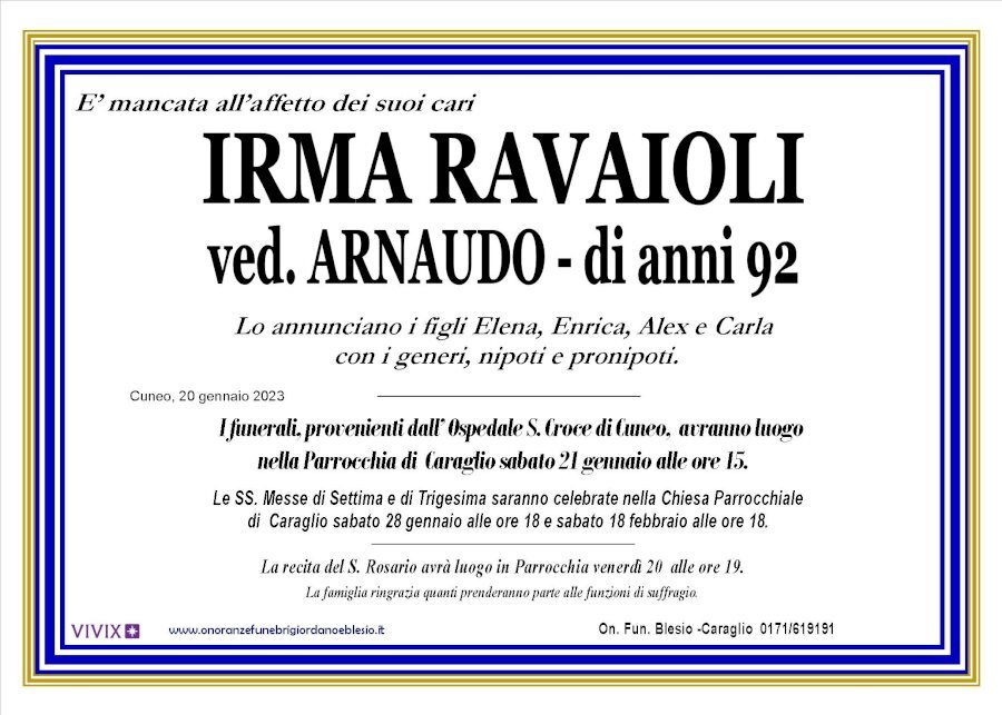Manifesto di IRMA RAVAIOLI ved. ARNAUDO