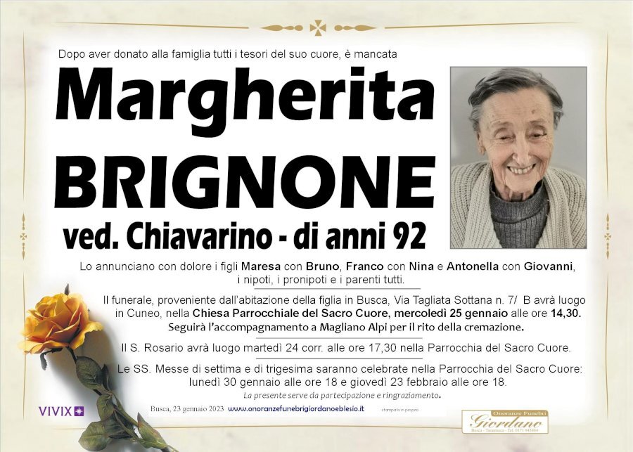 Manifesto di MARGHERITA BRIGNONE ved. CHIAVARINO