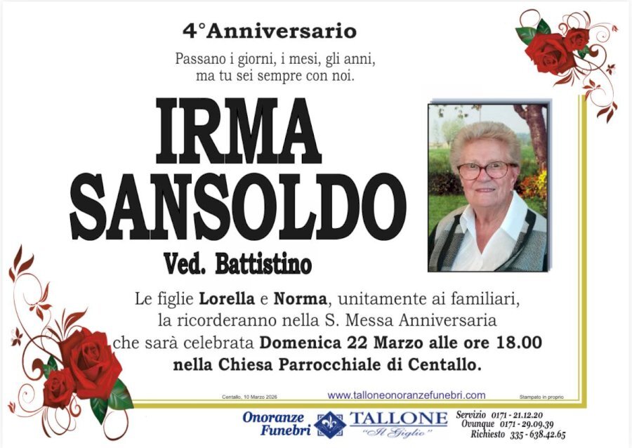 Manifesto di IRMA SANSOLDO ved. BATTISTINO