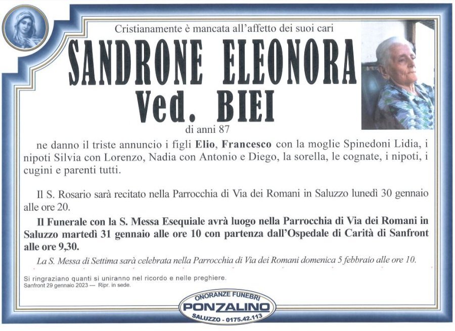 Manifesto di ELEONORA SANDRONE ved. BIEI