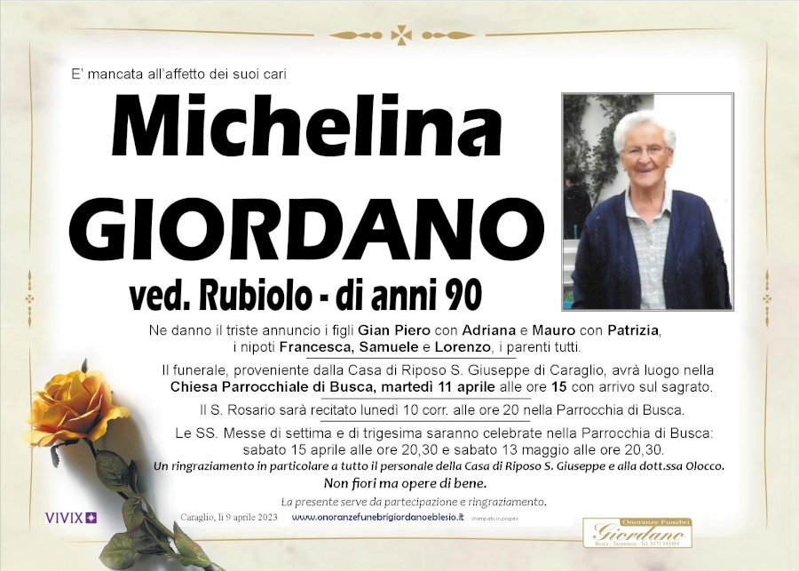 Manifesto di MICHELINA GIORDANO ved. RUBIOLO
