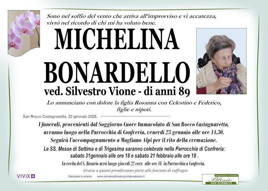 Manifesto di MICHELINA BONARDELLO ved. SILVESTRO VIONE