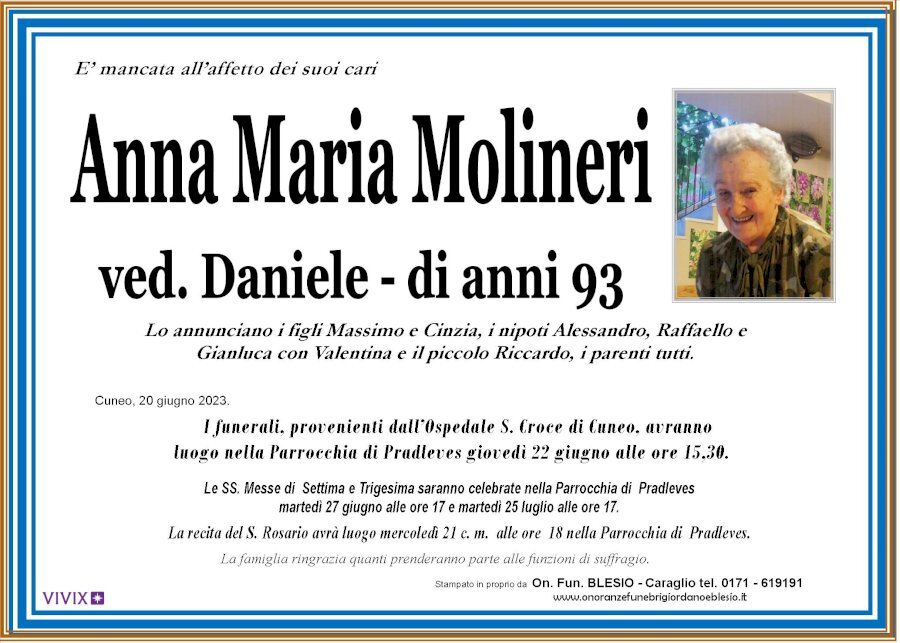 Manifesto di ANNA MARIA MOLINERI ved. DANIELE