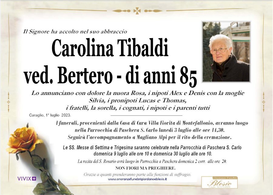 Manifesto di CAROLINA TIBALDI ved. BERTERO