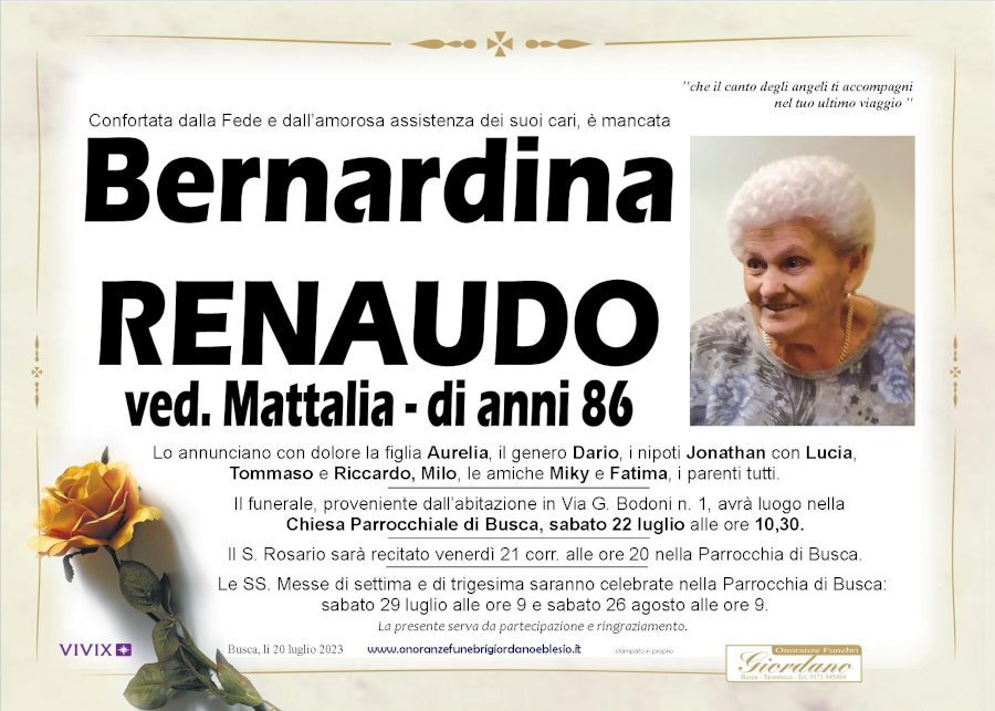Manifesto di BERNARDINA RENAUDO ved. MATTALIA