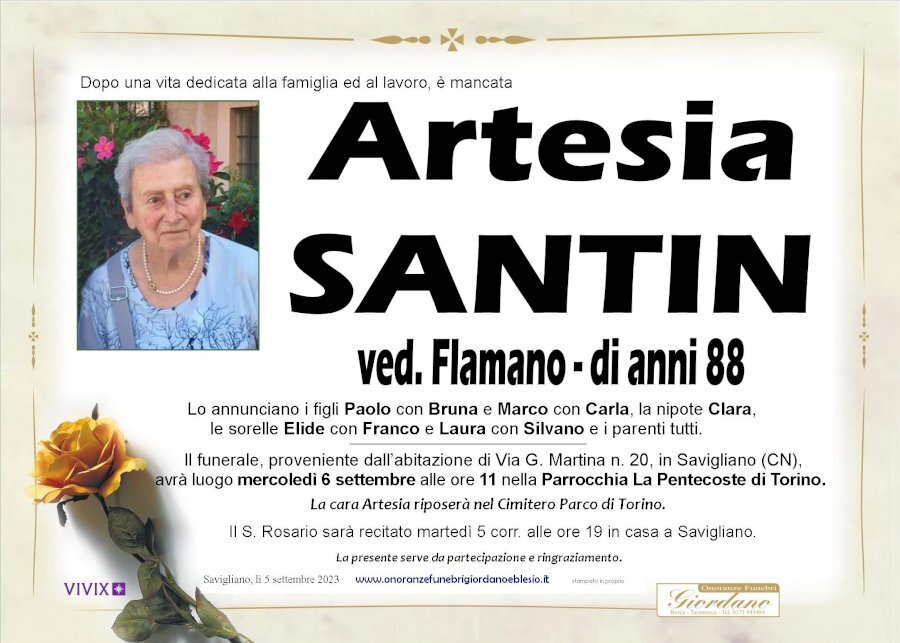 Manifesto di ARTESIA SANTIN ved. FLAMANO
