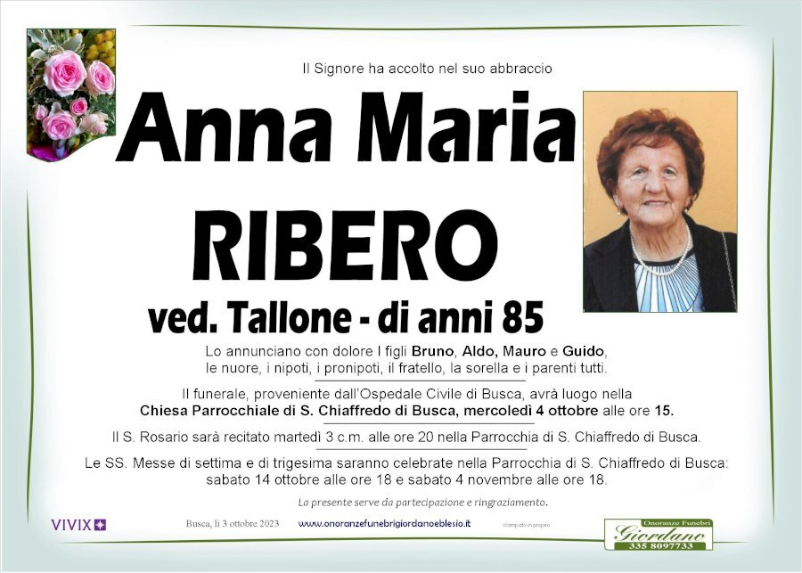 Manifesto di ANNA MARIA RIBERO ved. TALLONE