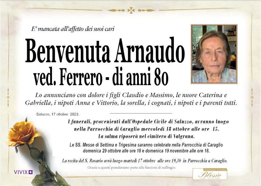 Manifesto di BENVENUTA ARNAUDO ved. FERRERO