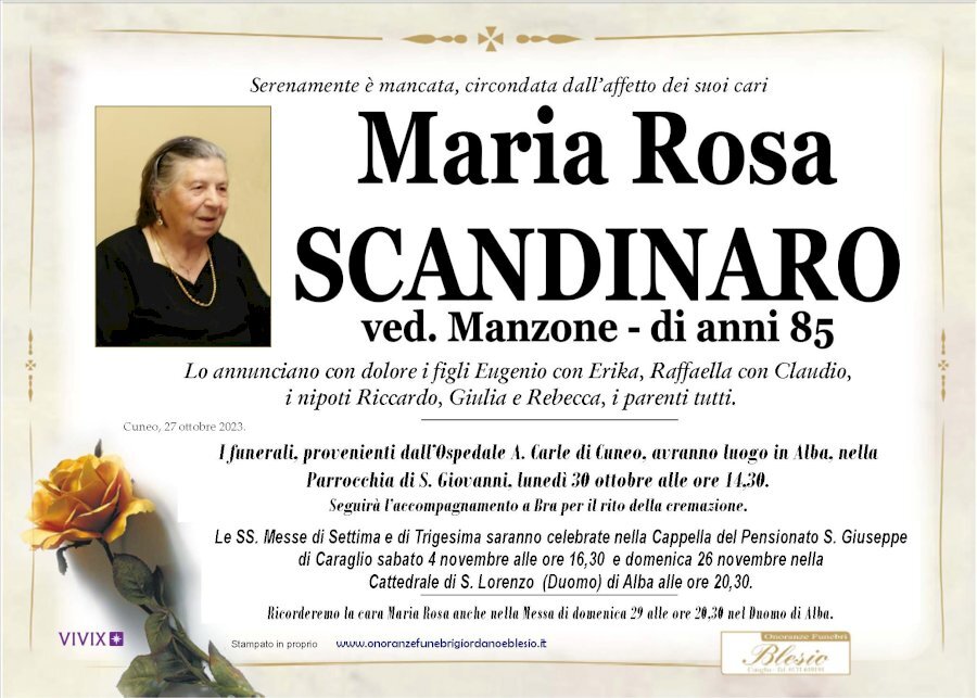 Manifesto di MARIA ROSA SCANDINARO ved. MANZONE