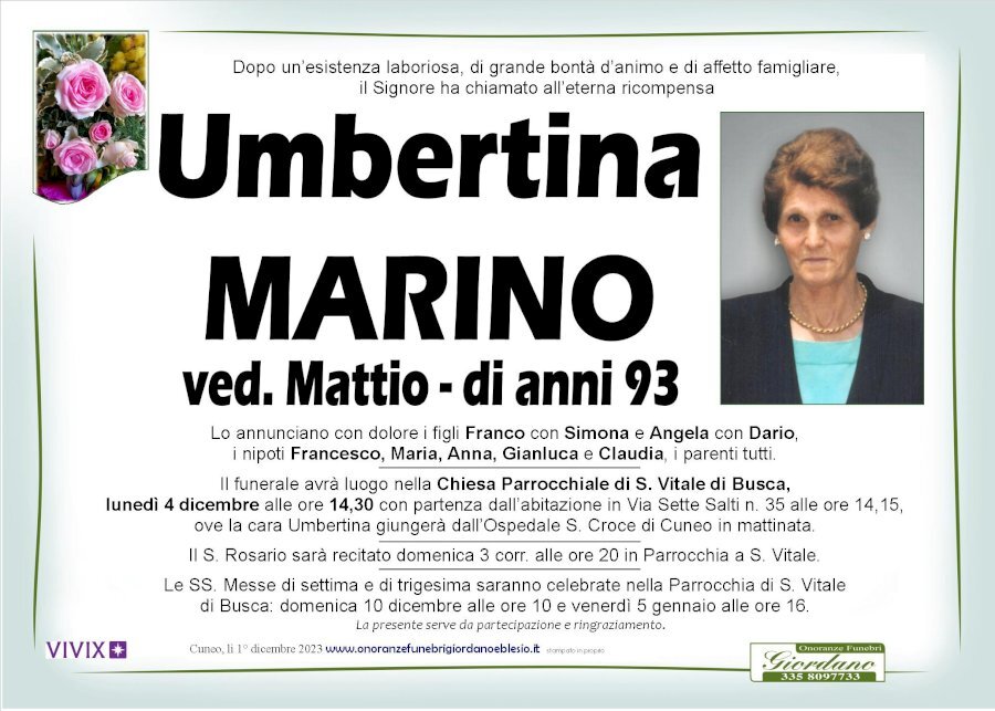 Manifesto di UMBERTINA MARINO ved. MATTIO