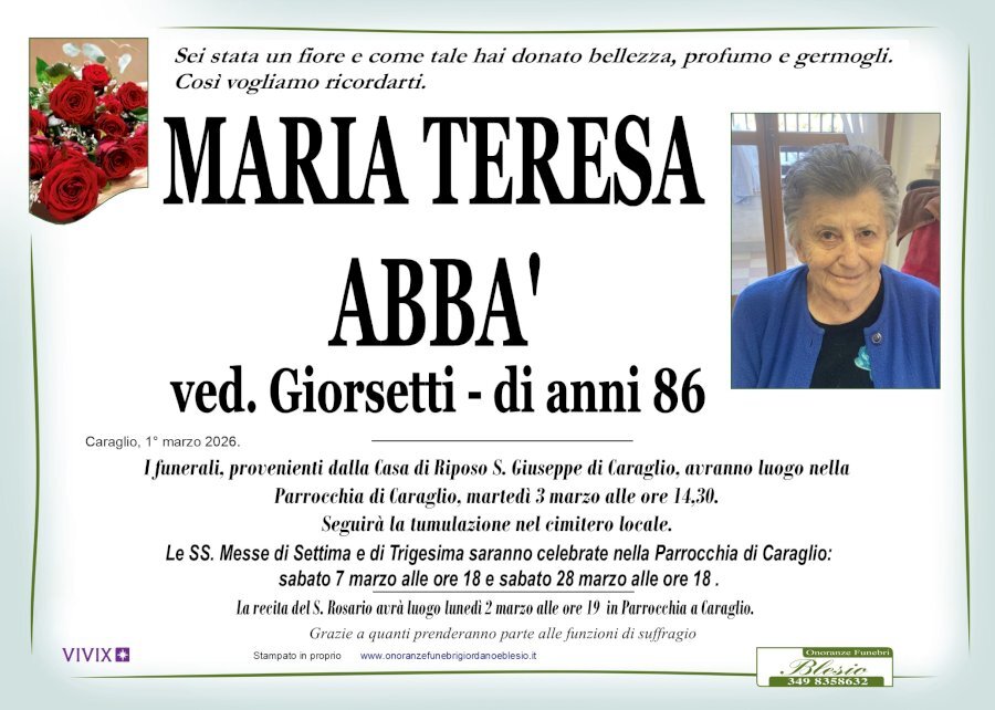 Manifesto di MARIA TERESA ABBA' ved. GIORSETTI