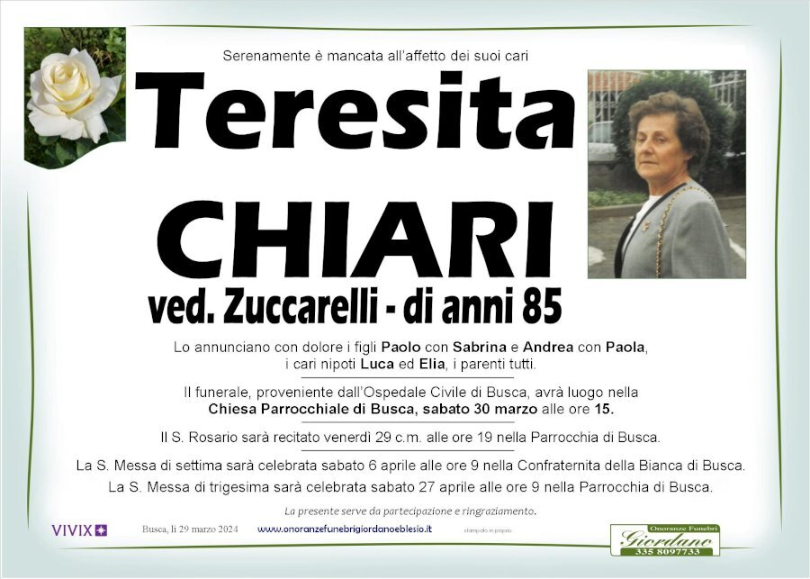 Manifesto di TERESITA CHIARI ved. ZUCCARELLI