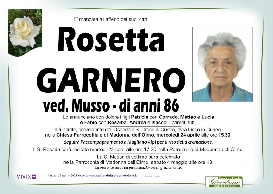 Manifesto di ROSETTA GARNERO ved. MUSSO