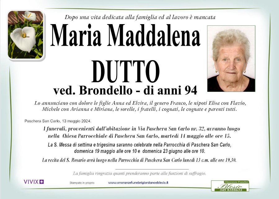 Manifesto di MARIA MADDALENA DUTTO ved. BRONDELLO