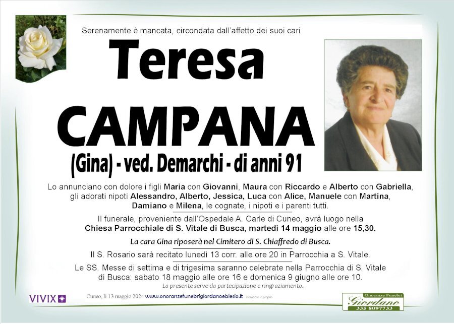 Manifesto di TERESA CAMPANA "GINA" ved. DEMARCHI