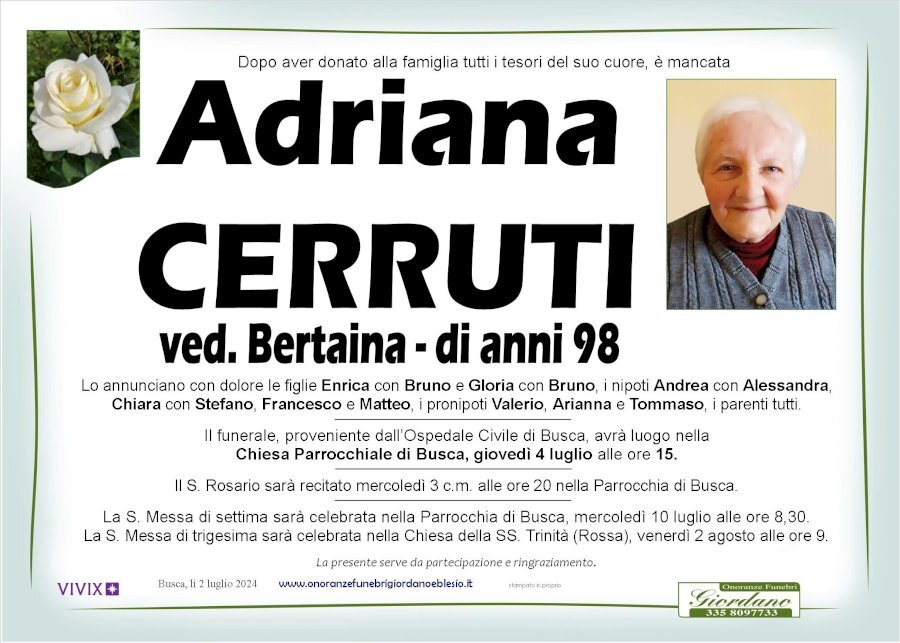 Manifesto di ADRIANA CERRUTI ved. BERTAINA