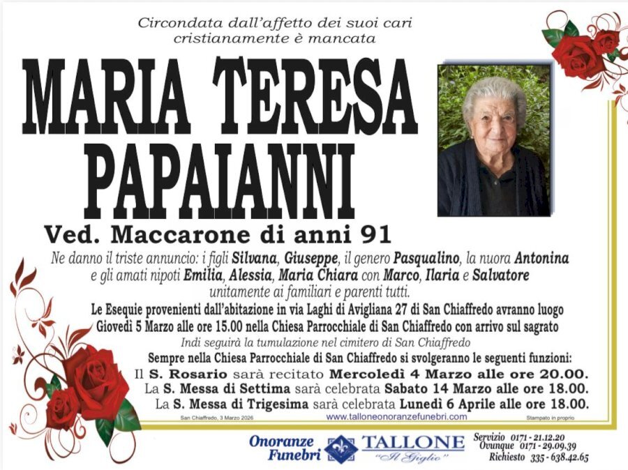 Manifesto di MARIA TERESA PAPAIANNI ved. MACCARONE