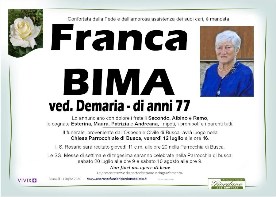 Manifesto di FRANCA BIMA ved. DEMARIA