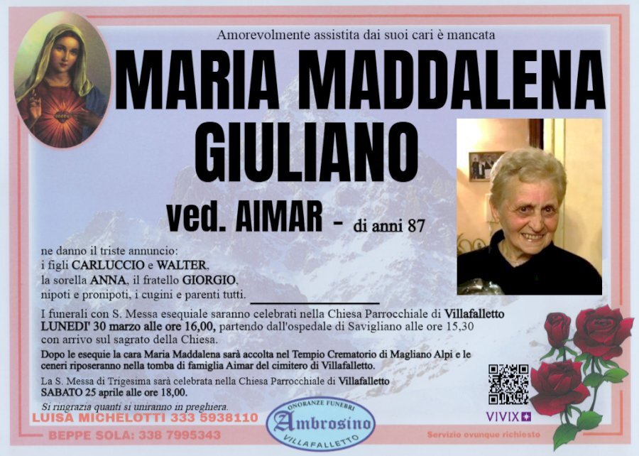 Manifesto di MARIA MADDALENA GIULIANO ved. AIMAR