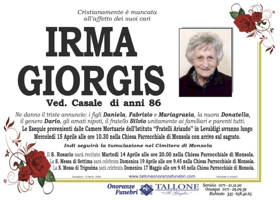 Manifesto di IRMA GIORGIS ved. CASALE