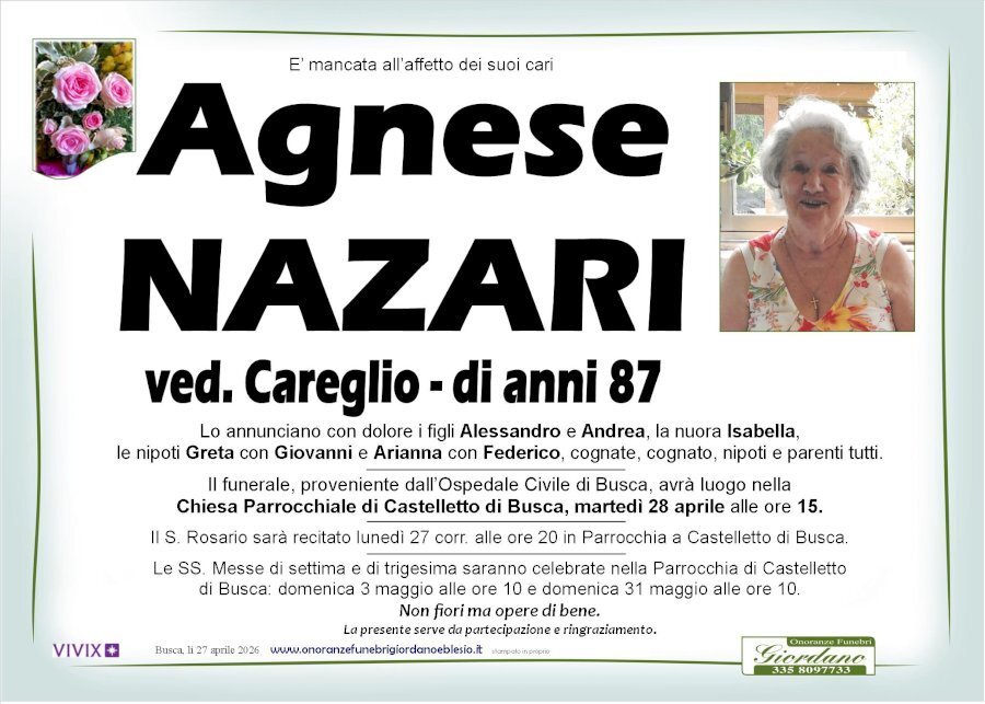 Manifesto di AGNESE NAZARI ved. CAREGLIO
