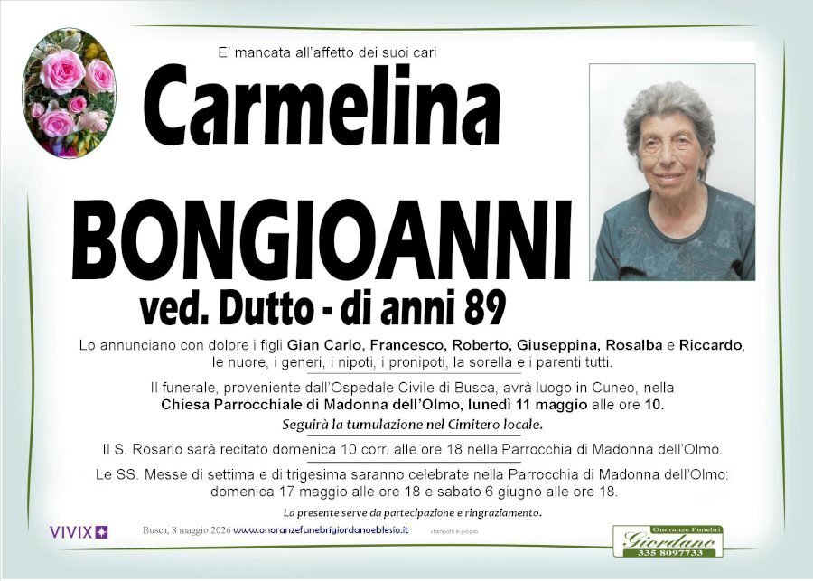 Manifesto di CARMELINA BONGIOANNI ved. DUTTO