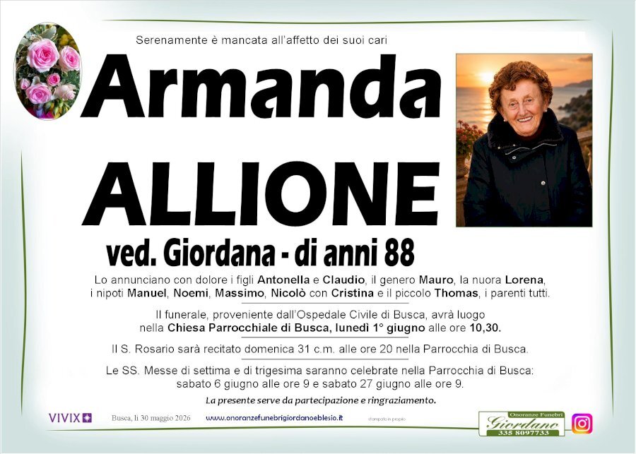 Manifesto di ARMANDA ALLIONE ved. GIORDANA