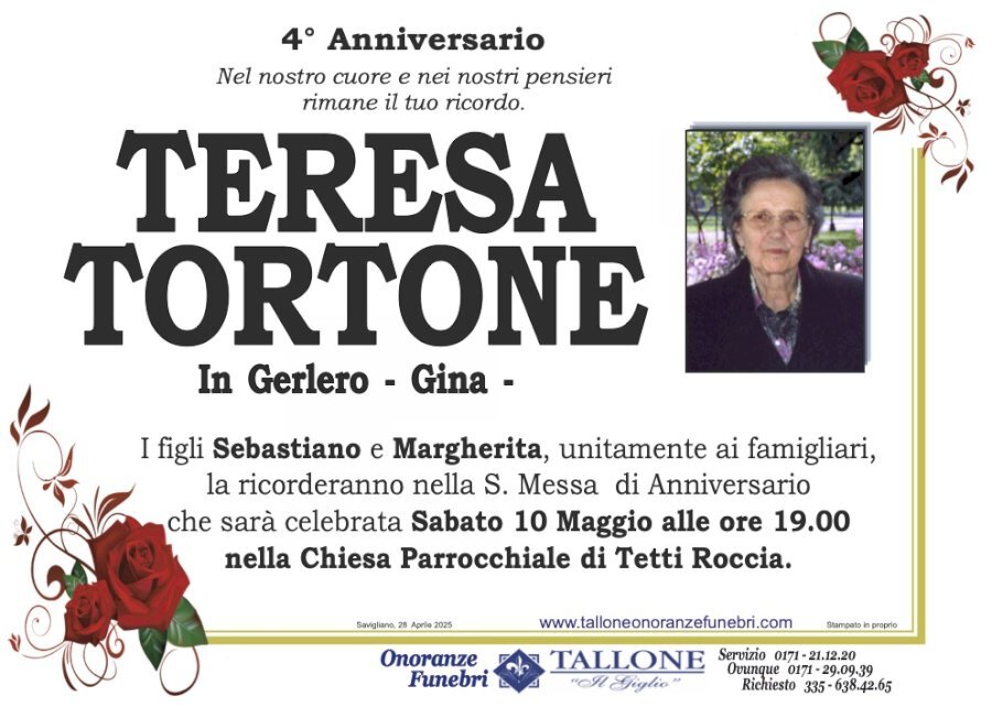 Manifesto di TERESA TORTONE "-GINA-" in GERLERO Manifesto di TERESA TORTONE "-GINA-" in GERLERO