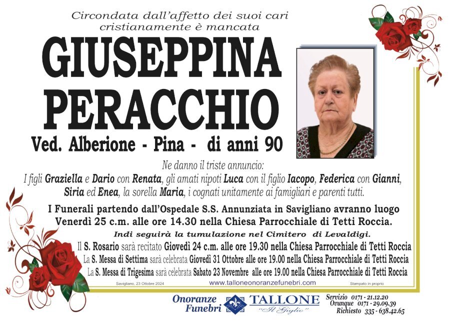 Manifesto di GIUSEPPINA PERACCHIO "PINA" ved. ALBERIONE