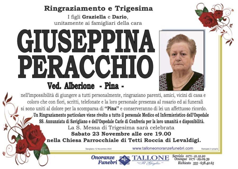 Manifesto di GIUSEPPINA PERACCHIO "PINA" ved. ALBERIONE