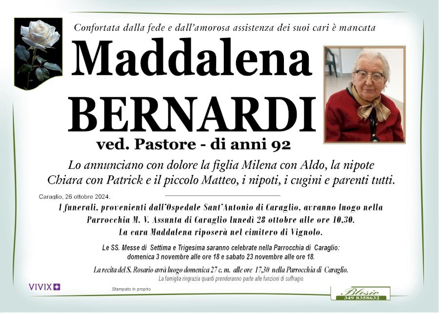 Manifesto di MADDALENA BERNARDI ved. PASTORE