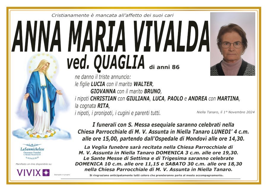 Manifesto di ANNA MARIA VIVALDA ved. QUAGLIA