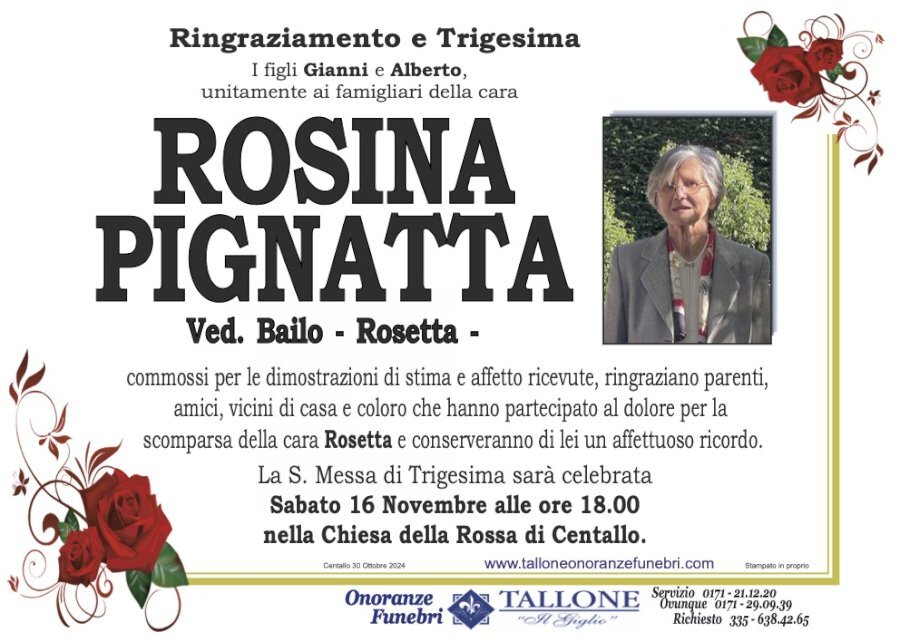 Manifesto di ROSIA PIGNATTA "ROSETTA" ved. BAILO