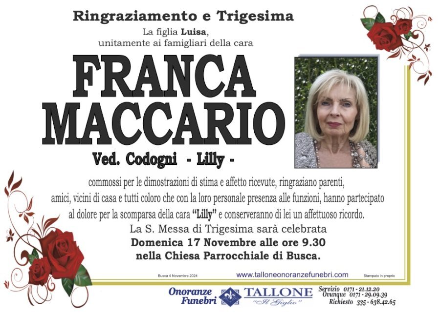 Manifesto di FRANCA MACCARIO "LILLY" ved. CODOGNI