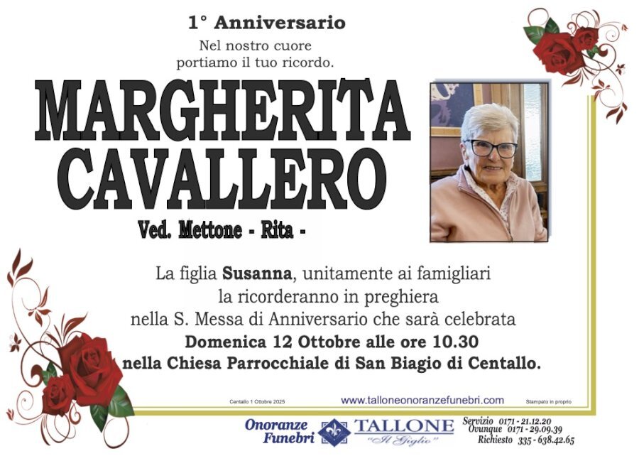 Manifesto di MARGHERITA CAVALLERO "RITA" ved. METTONE Manifesto di MARGHERITA CAVALLERO "RITA" ved. METTONE