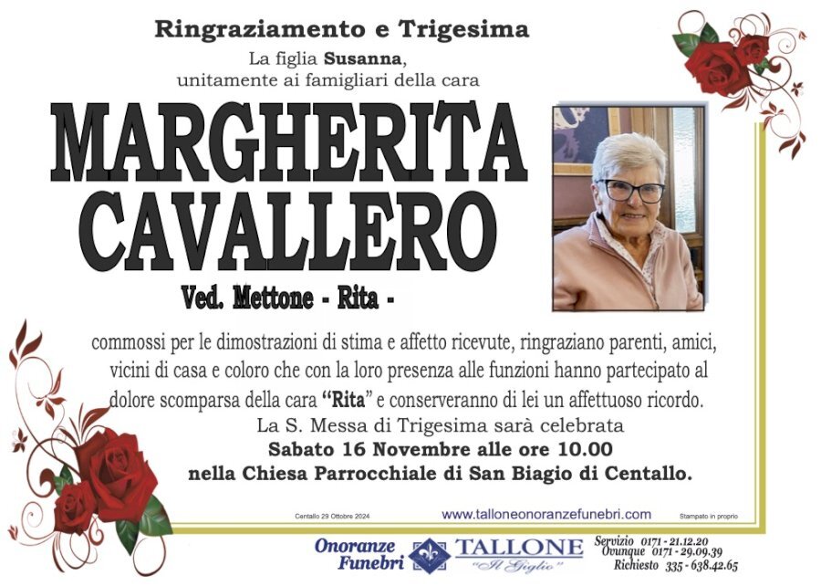 Manifesto di MARGHERITA CAVALLERO "RITA" ved. METTONE