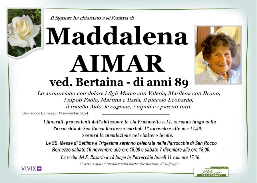 Manifesto di MADDALENA CLARA AIMAR ved. BERTAINA