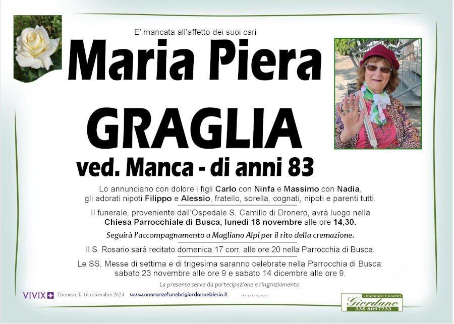 Manifesto di MARIA PIERA GRAGLIA ved. MANCA