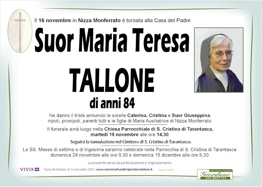 Manifesto di SUOR MARIA TERESA TALLONE