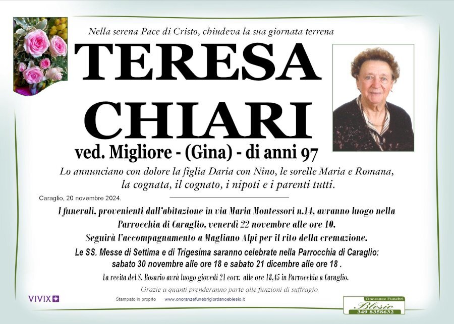 Manifesto di TERESA CHIARI "GINA" ved. MIGLIORE