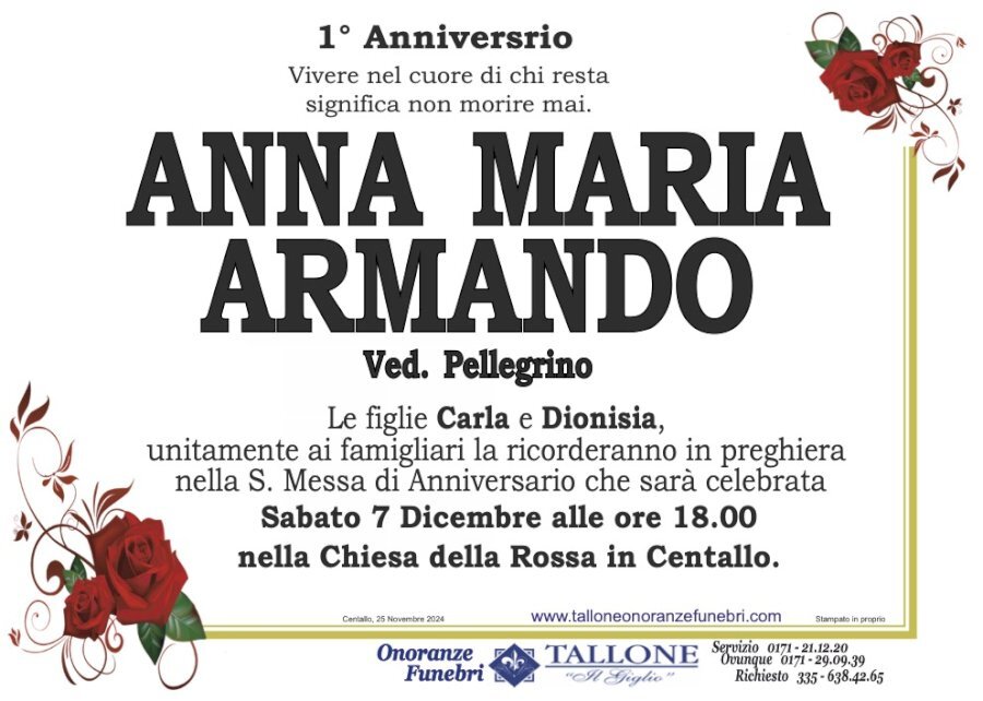 Manifesto di ANNA MARIA ARMANDO ved. PELLEGRINO