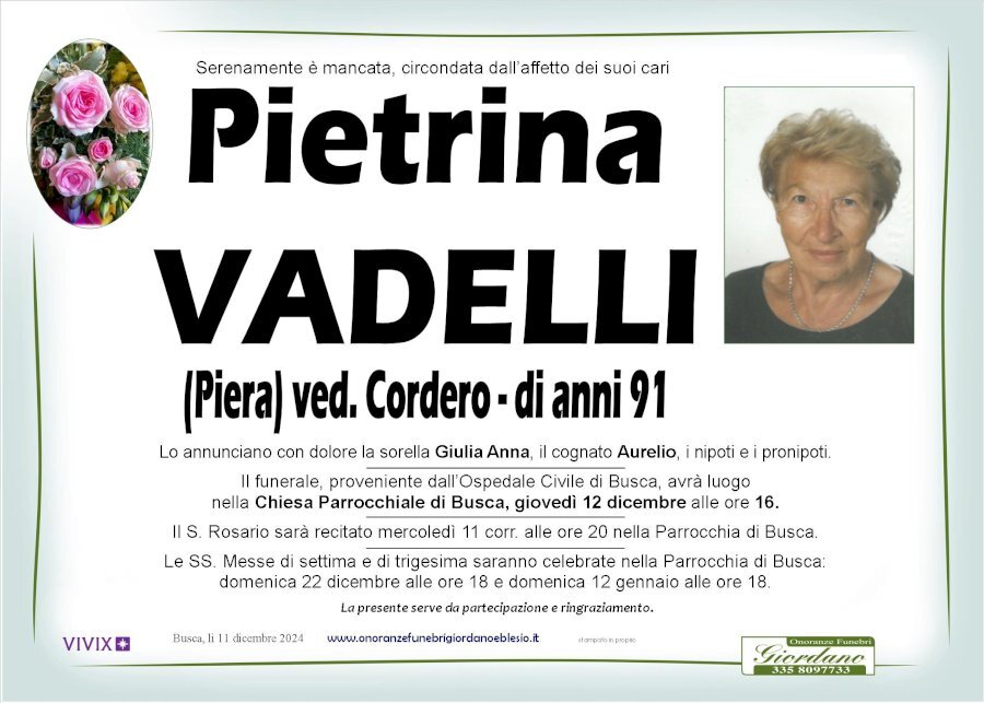 Manifesto di PIETRINA VADELLI "PIERA" ved. CORDERO