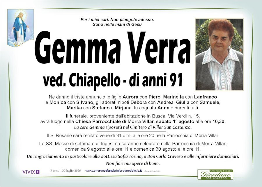 Manifesto di GEMMA VERRA ved. CHIAPELLO
