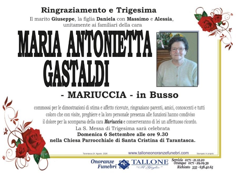 Manifesto di MARIA ANTONETTA GASTALDI "MARIUCCIA" ved. BUSSO