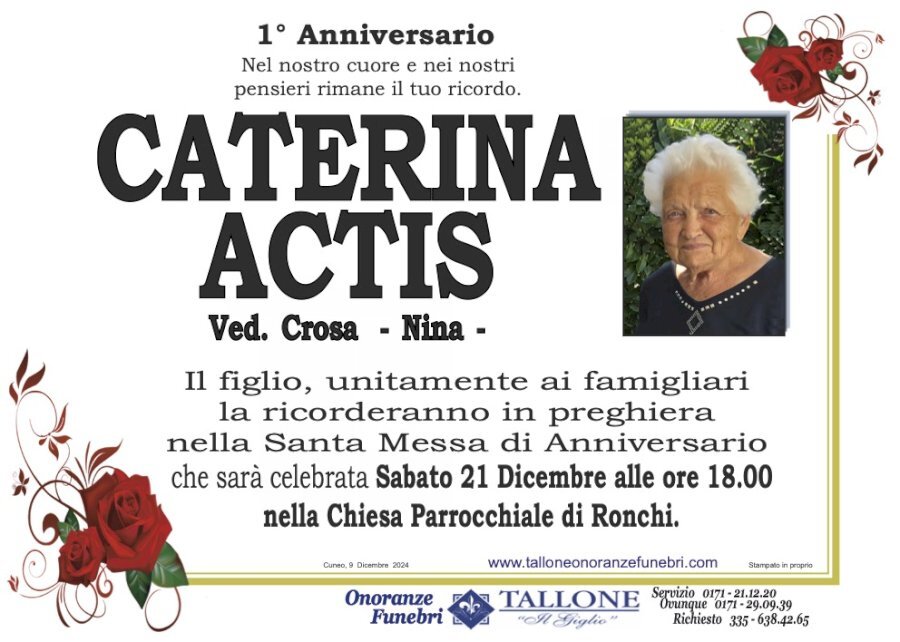 Manifesto di CATERINA ACTIS "NINA" ved. CROSA